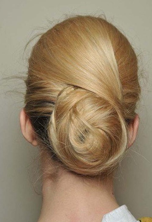 Back View of Low Swirling Highlighted Chignon Updo