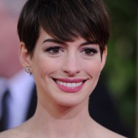 Anne Hathaway Short Pixie Haircut with Long Bangs