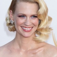 January Jones Short Blonde Side Parted Retor Curly Bob Hairstyle