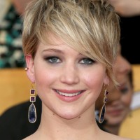 Jennifer Lawrence Short Messy Hairstyle with Long Bangs