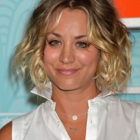 Kaley Cuoco Short Curly Brown to Blonde Ombre Bob Hairstyle