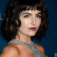 Camilla Belle Short Black Wavy Hairstyle with Full Bangs