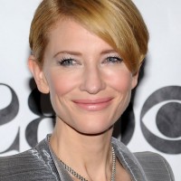 Cate Blanchett Short Side Parted Hairstyle with Side Swept Bangs