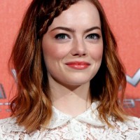 Emma Stone Boho Chic Braided Shoulder Length Brunette Hairstyle with Waves