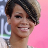 Rihanna Short Side Parted Hairstyle with Long Bangs