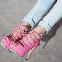 Bubblegum pink lace-up heels