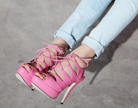 Bubblegum pink lace-up heels