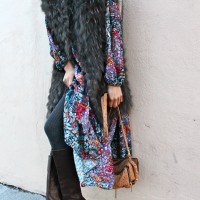 Floral dress and long fur vest