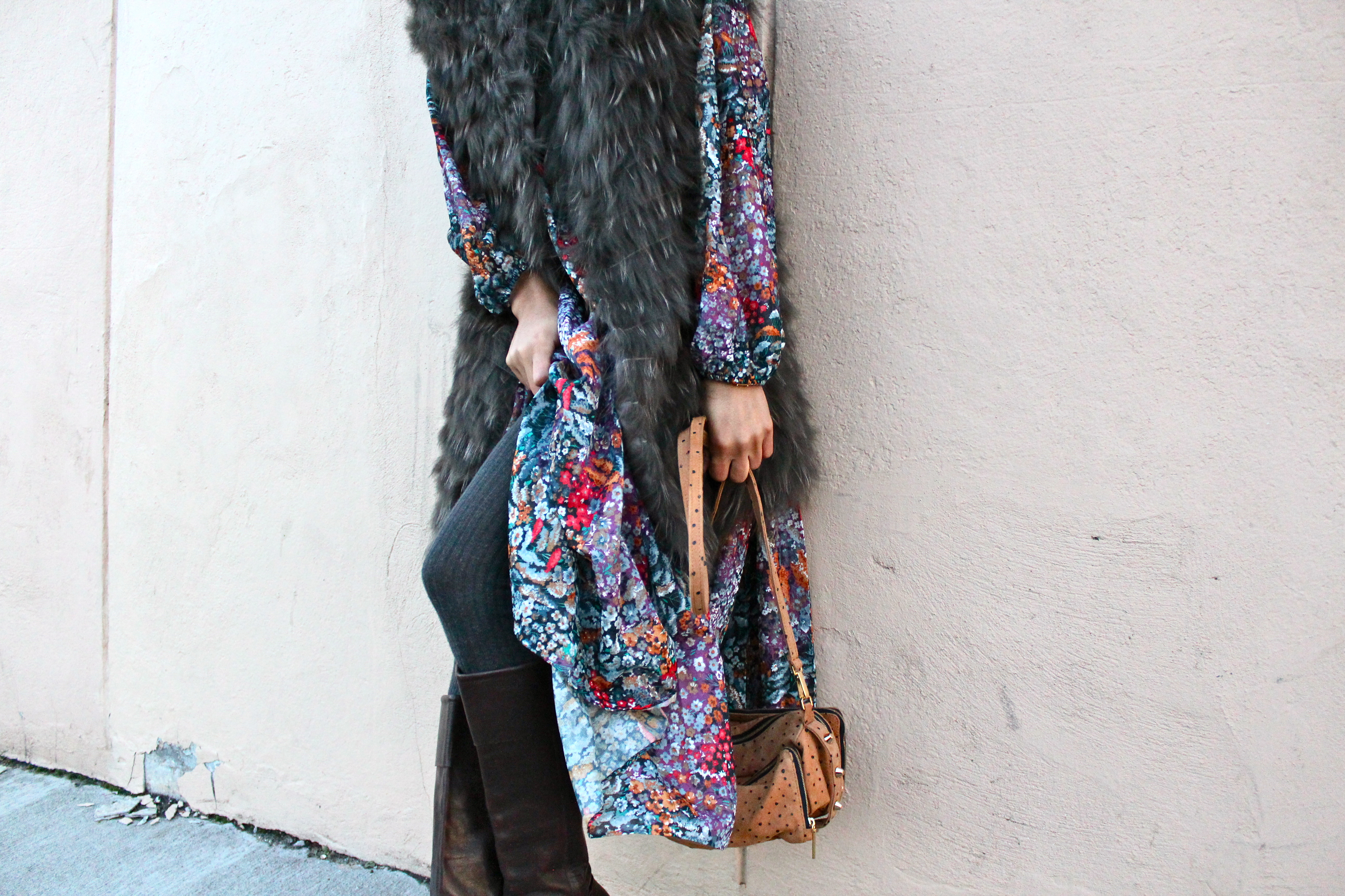 Floral dress and long fur vest