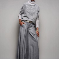 Grey turtleneck and wide-leg pants