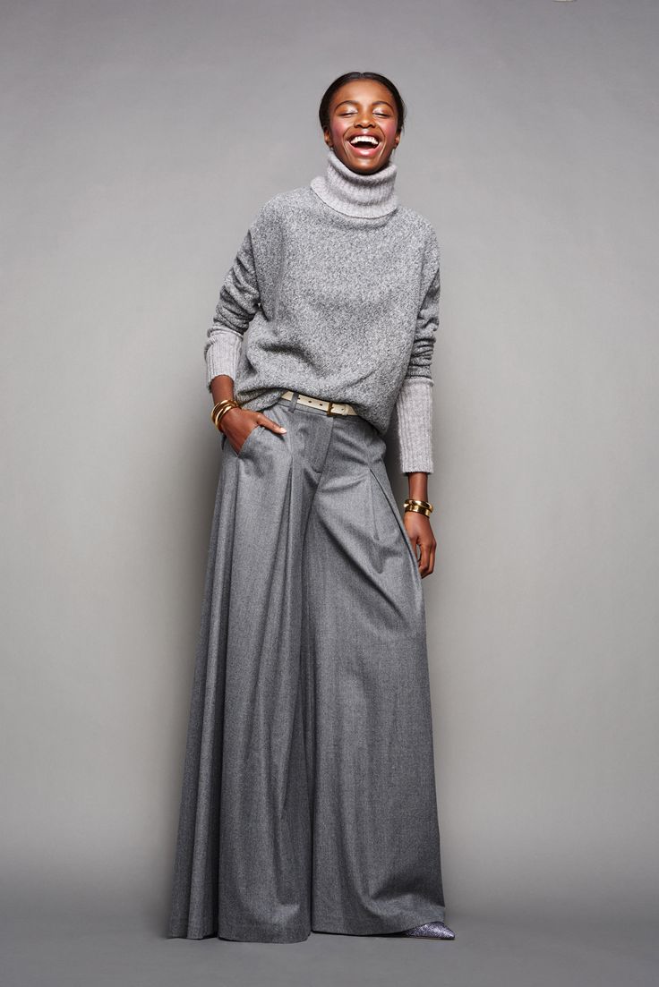 Grey turtleneck and wide-leg pants