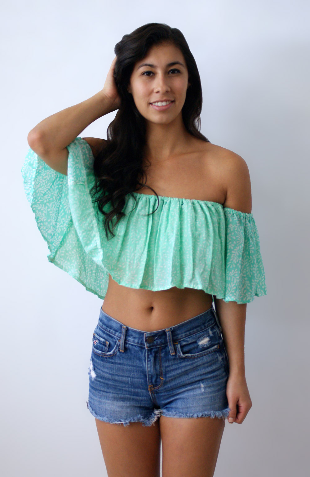 mint green off shoulder top
