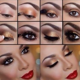 Golden Eye Makeup Idea with Red Lips for New Year's Eve