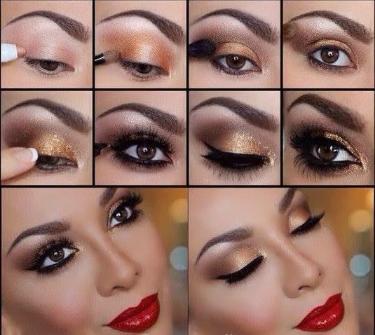 Golden Eye Makeup Idea with Red Lips for New Year's Eve