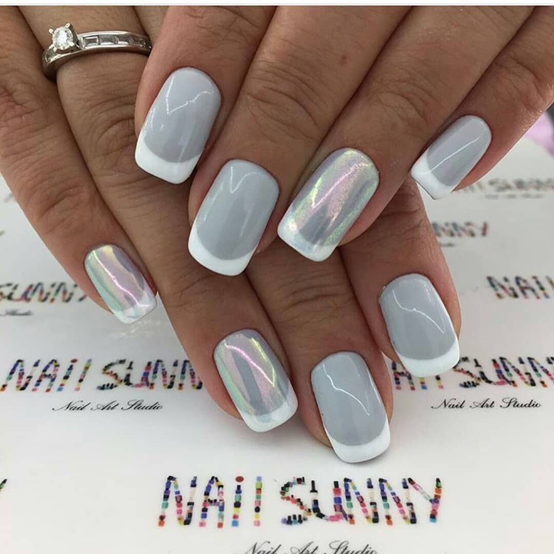 Gray and white holographic nails