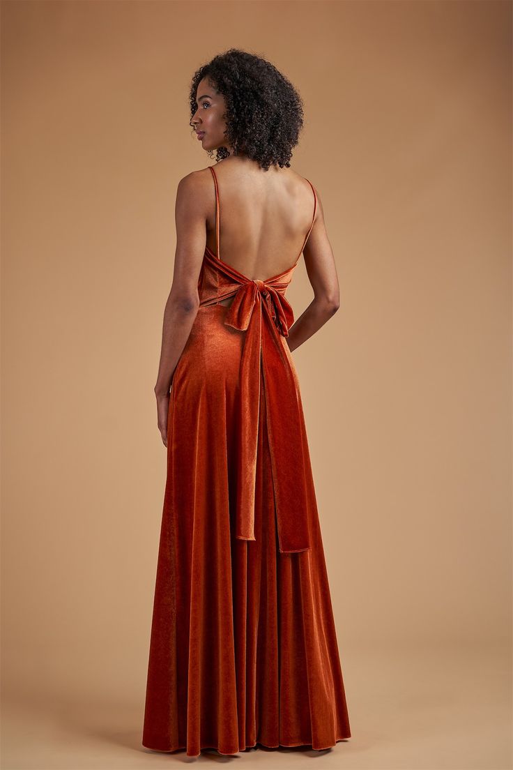 Backless long rust satin bridesmaid dresses with a high front