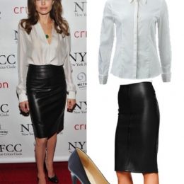 angelina jolie pencil leather skirt