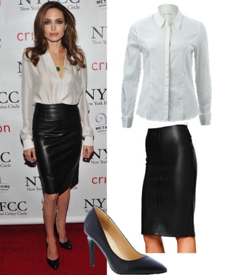 angelina jolie pencil leather skirt