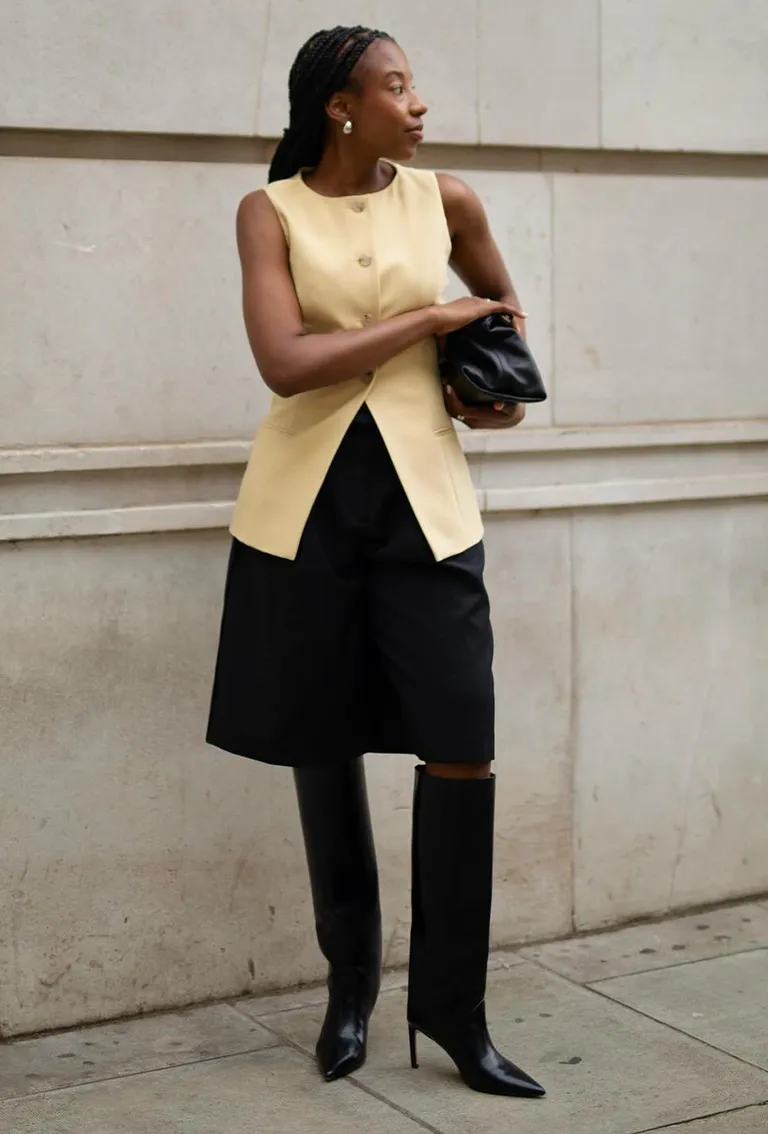 Gold Earrings Yellow Waistcoat Black Pleated Shorts Knee High Boots Black Clutch Bag