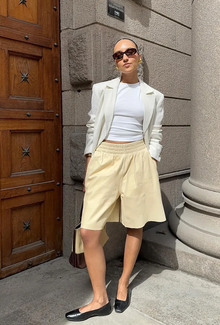 Sunglasses Earrings Off White Blazer White T Shirt Yellow Shorts Black Ballet Flats