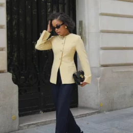 Sunglasses Oversized Earrings Yellow Blazer Wide Leg Jeans T Strap Sandals Shoulder Bag