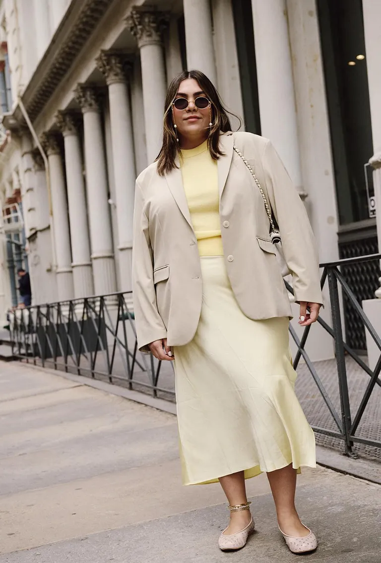 Tan Blazer Yellow Knit Top Yellow Slip Skirt Mesh Ballet Flats White Quilted Shoulder Bag