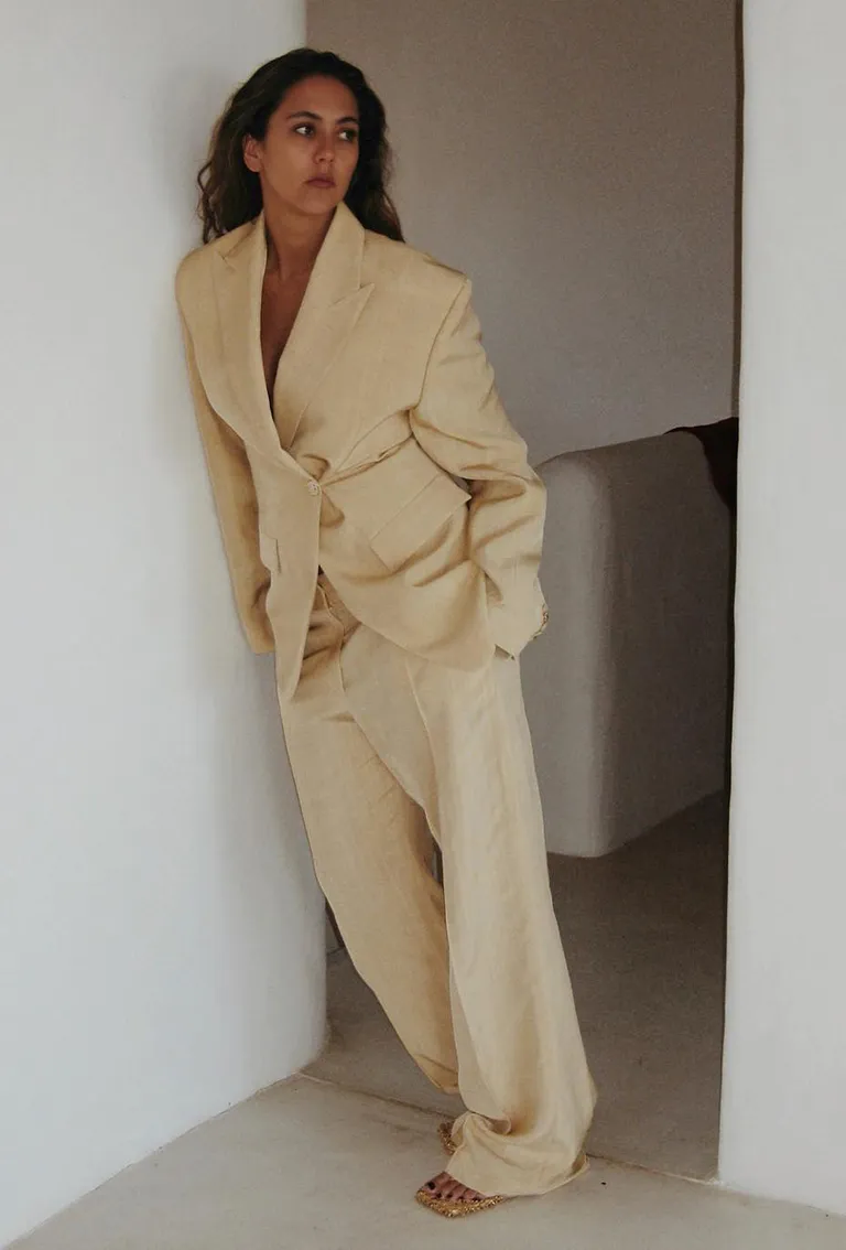 Yellow Blazer Matching Trousers Strappy Sandals Contrasting Bag