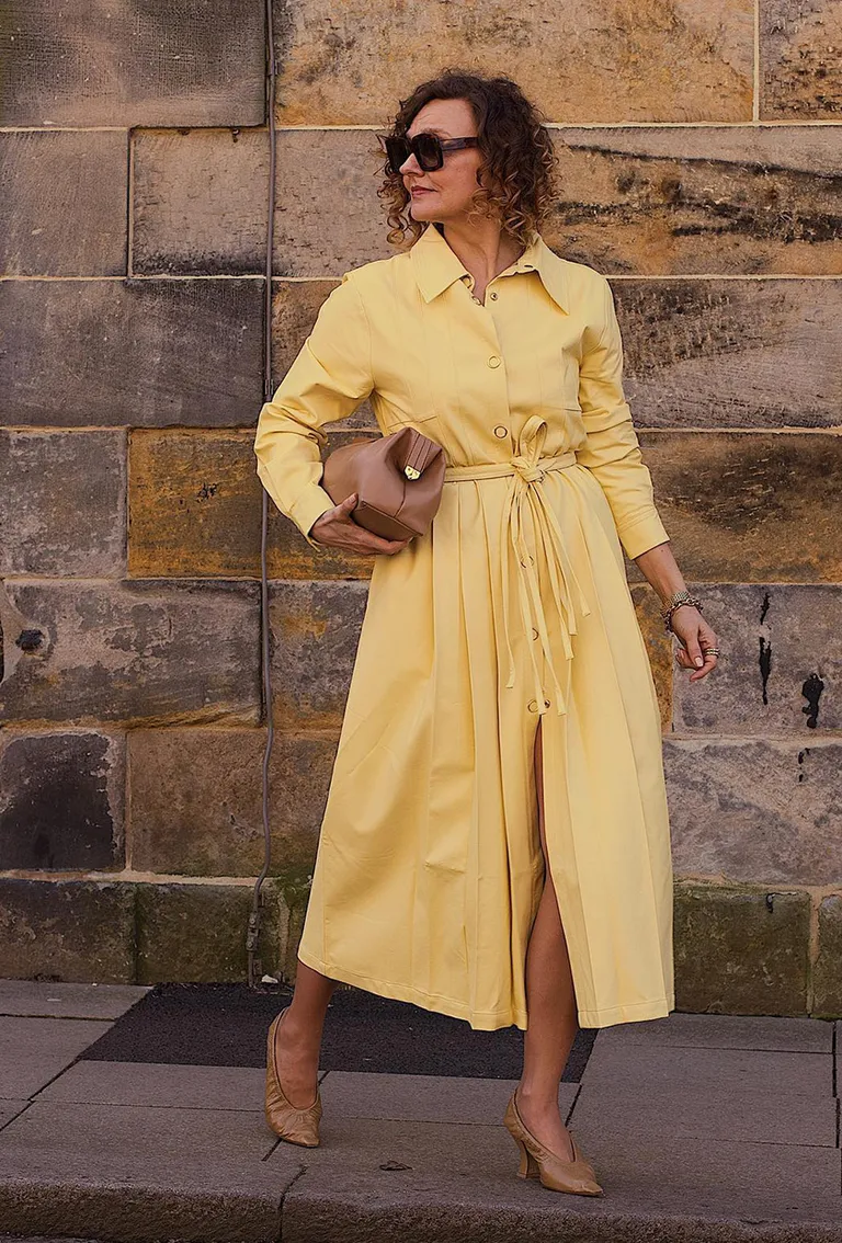 Yellow Shirtdress Tan Bag Tan Heels Sunglasses