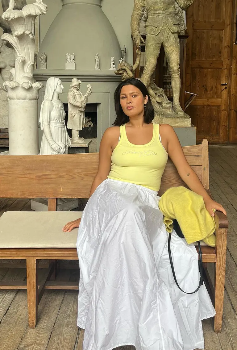 Yellow Tank Top Yellow Cardigan White Maxi Skirt Sandals Black Shoulder Bag