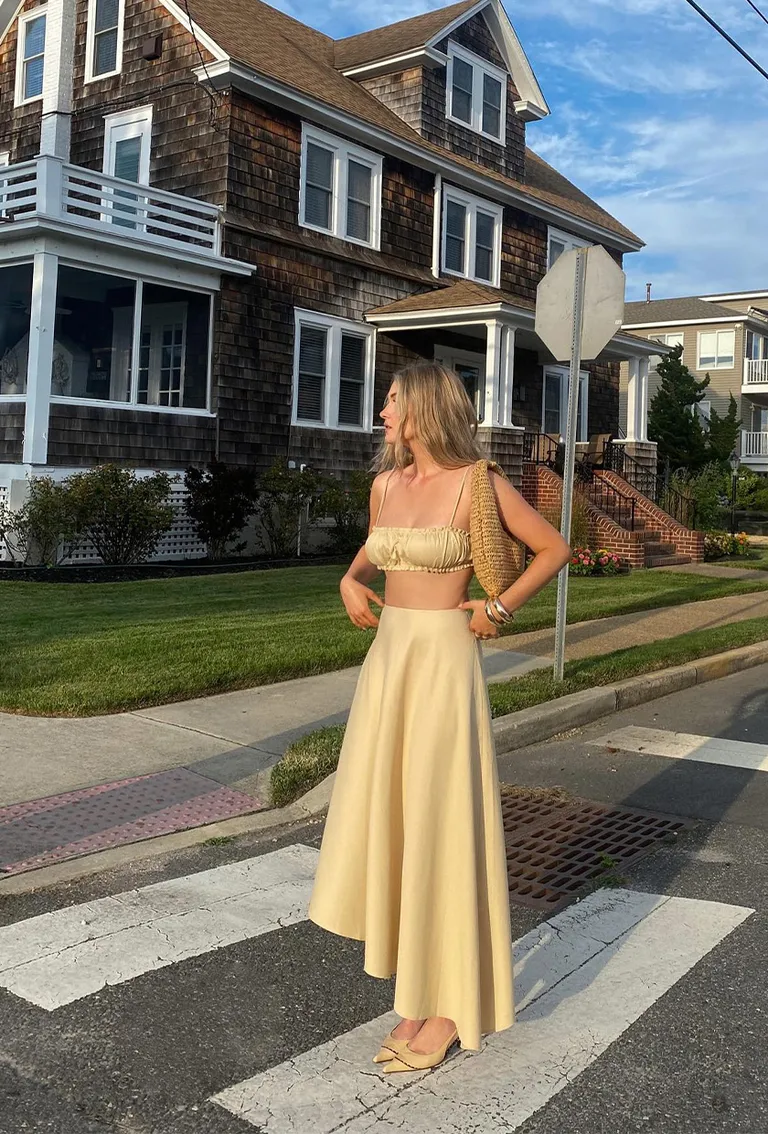 Yellow Top Matching Skirt Raffia Handbag Bangles Heels